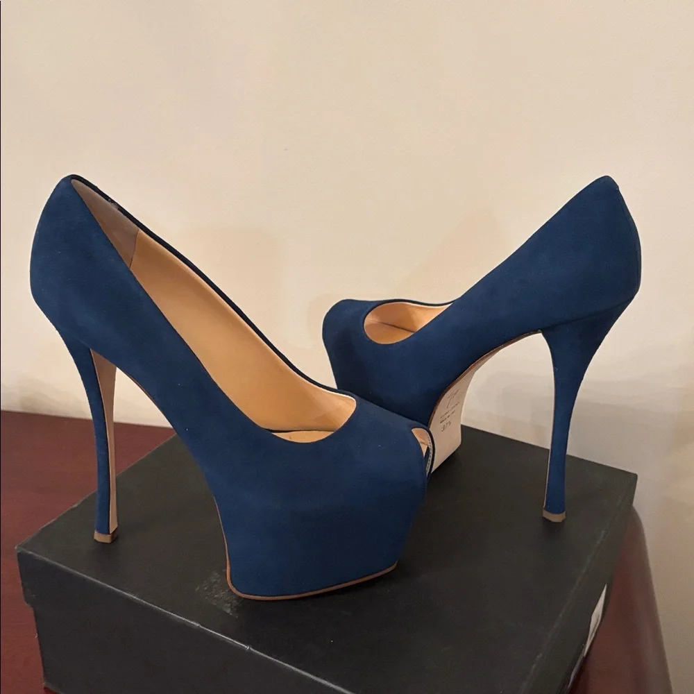 Giuseppe Zanotti Suede Leather Blue Stiletto Liza 90 Open Toe Platform Pump 7.5